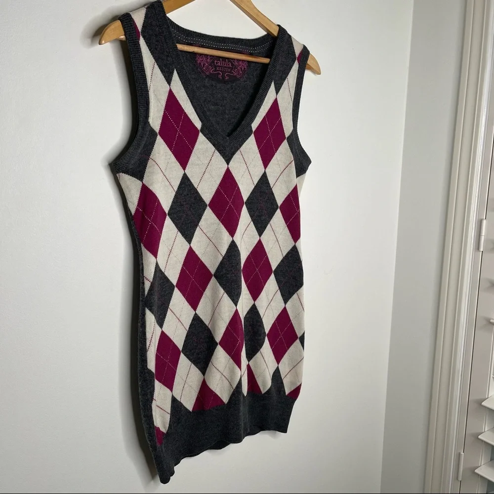 Talula Argyle Long Line Sweater Vest Grey, Cream, Purple Size Medium - Picture 3 of 6